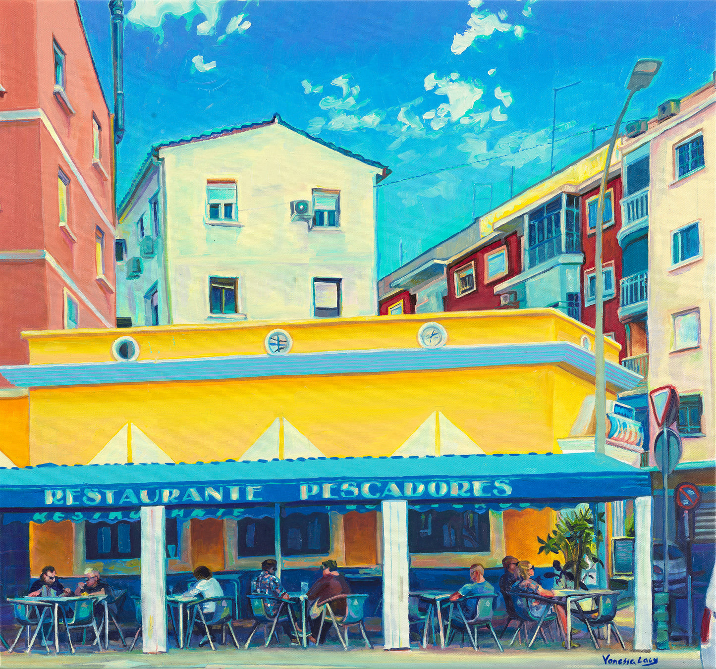 "Restaurante Pescadores" Original Spanish Cityscape Painting by Vanessa Lacy