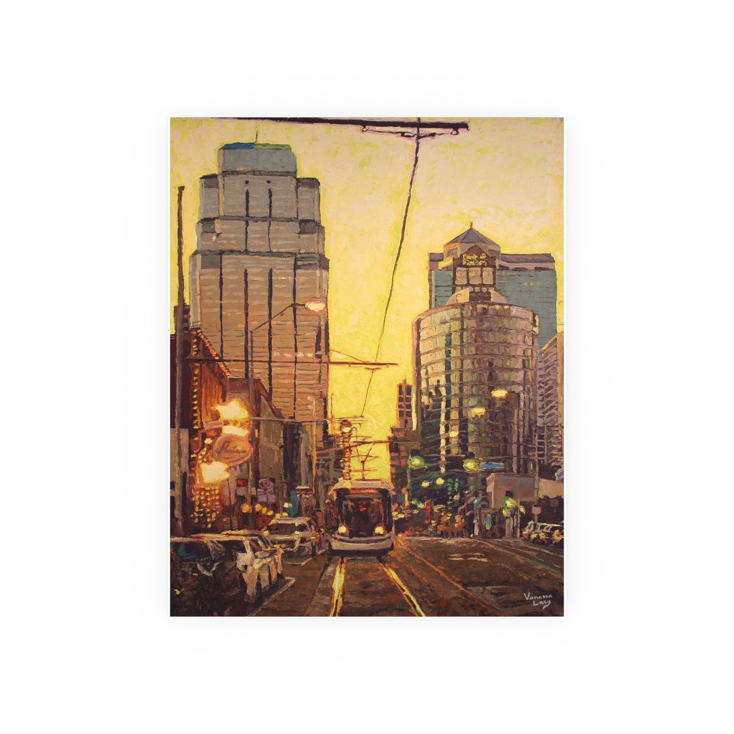 "Lemondrop Sky and Chocolate Streetcar" Art Print by Vanessa Lacy