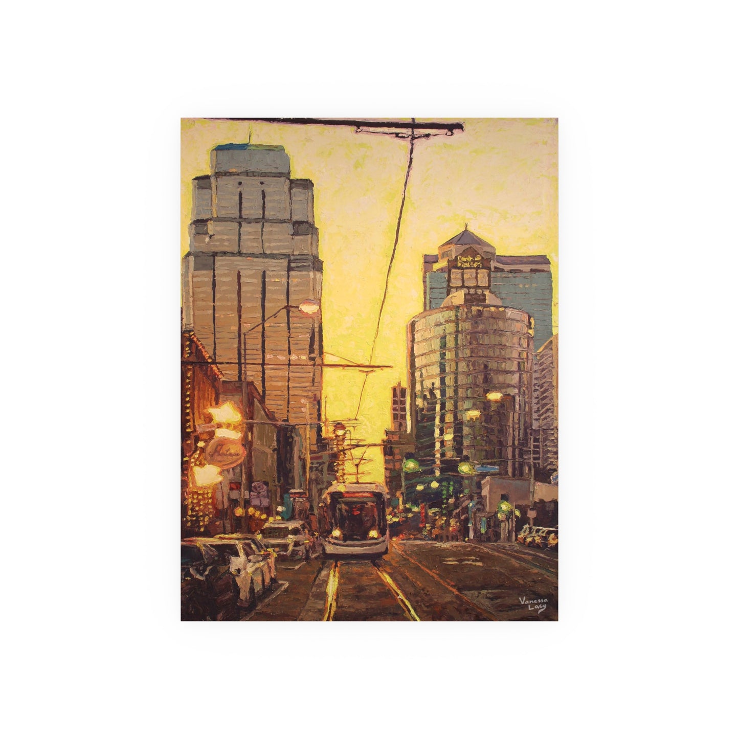 "Lemondrop Sky and Chocolate Streetcar" Art Print by Vanessa Lacy