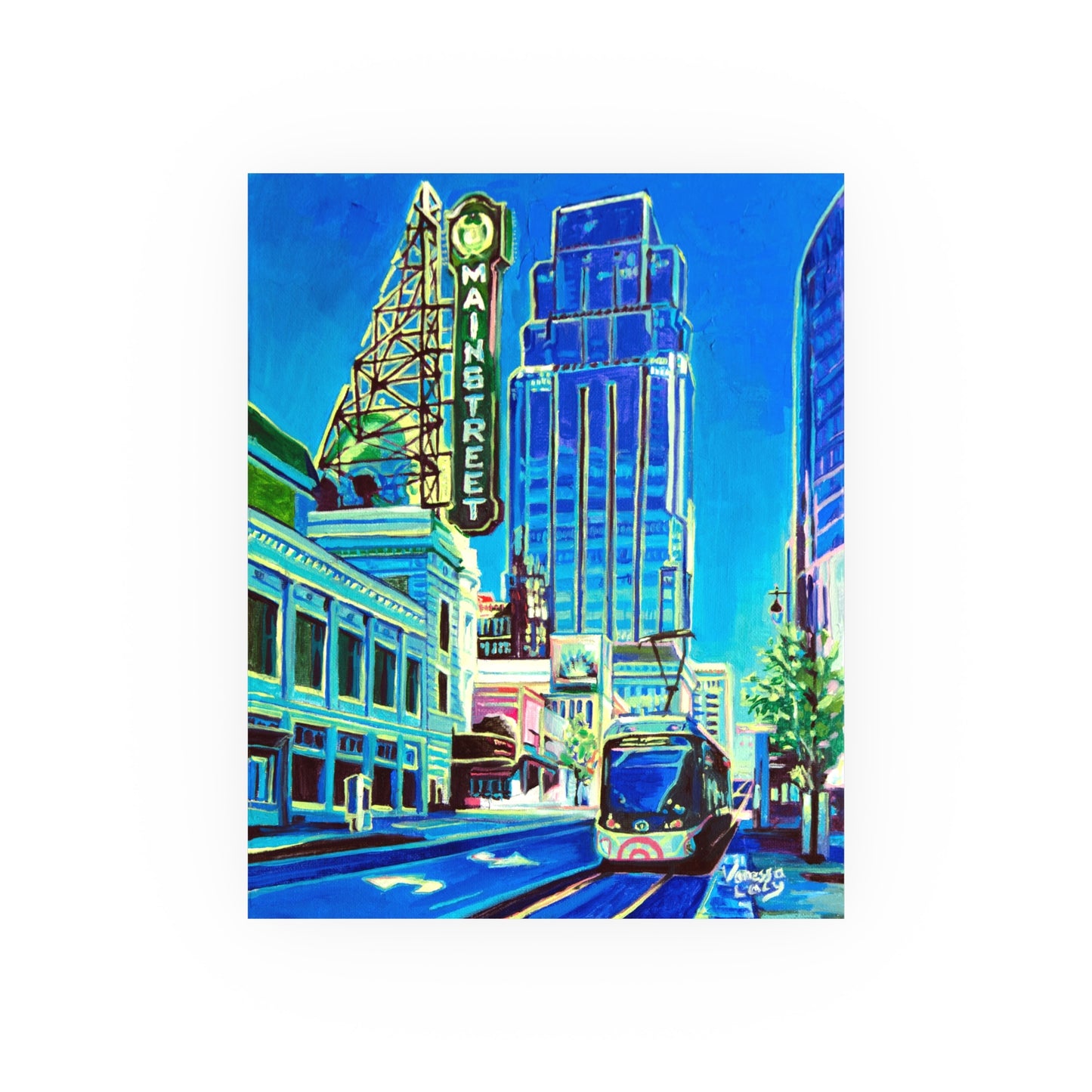 "Blue Streetcar in Power and Light" Art Print by Vanessa Lacy