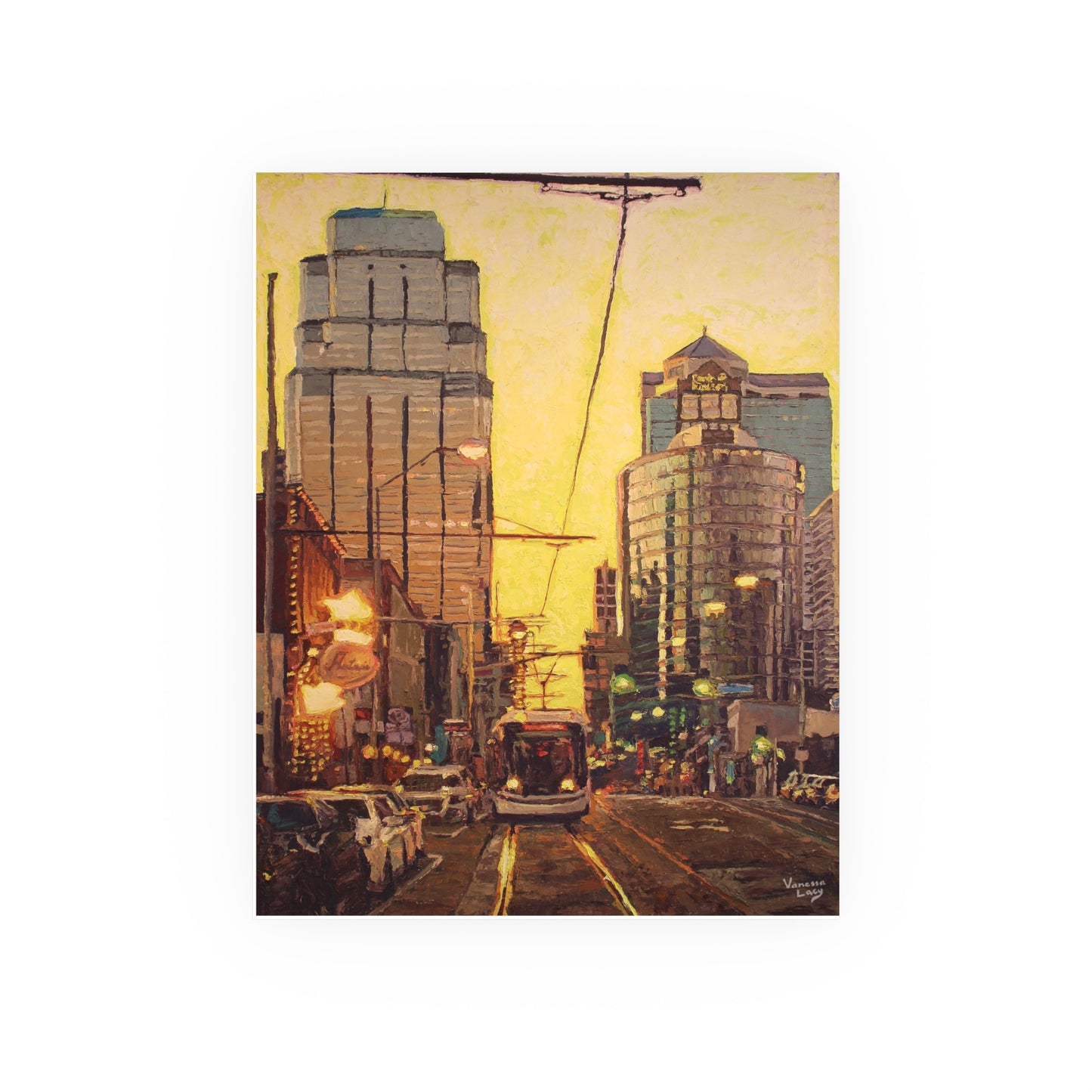 "Lemondrop Sky and Chocolate Streetcar" Art Print by Vanessa Lacy