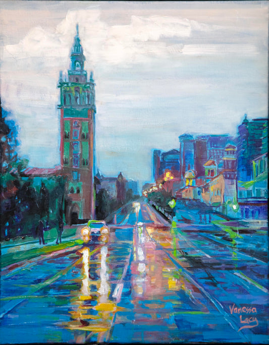 "Rainy Day Plaza" Original Oil Painting by Vanessa Lacy